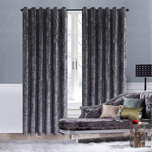 ZIMEL HOMES Crushed Velvet Readymade Curtains Fully Lined With Eyelet Header Ring Top Silver Charcoal Blush Pink Purple (Charcoal Grey, 46 x 72)