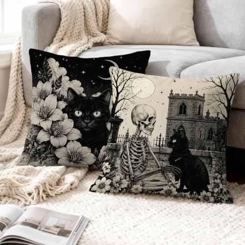 Coussin chat squelette gothique : fermeture éclair invisible