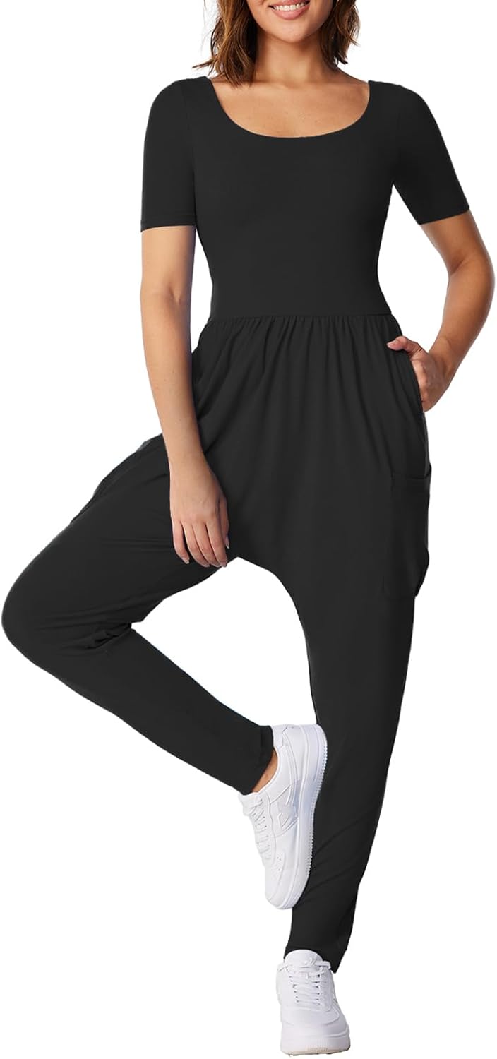 Casei Womens Summer Casual Jumpsuits Harem Pants One Piece Short Sleeve Square Neck Strap Baggy Romper With Pockets