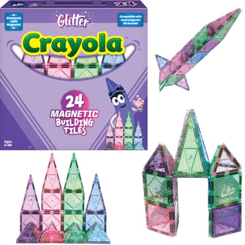 CreateOn Crayola Glitter Magnetic Tiles, Building Set for Kids, Magnetic Tiles, Kidsâ€™ Building Toys, STEM & Montessori Toys for Boys and Girls Ages 3+, 24-Piece Set (Glitter)