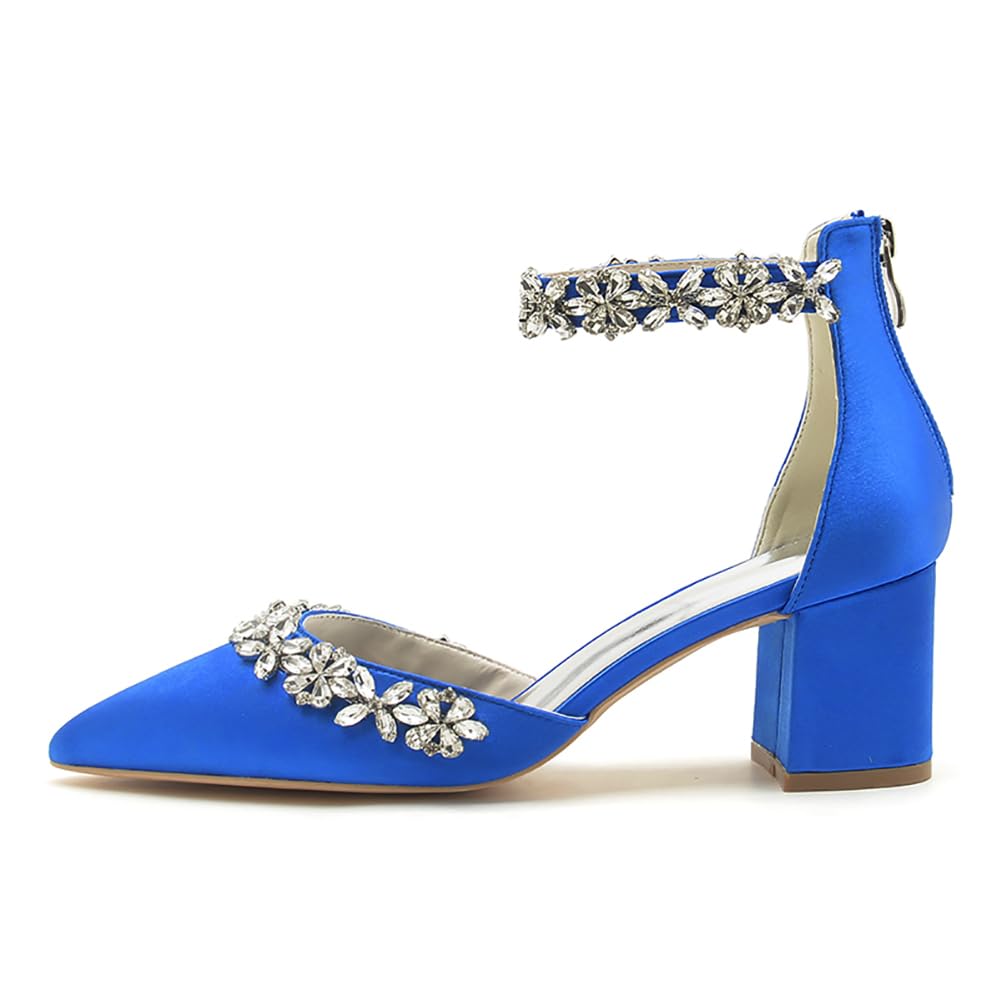 Donna Scarpe da Sposa con Tacco Largo Basso Cinturino alla Caviglia Décolleté Punta A Punta in Raso con Strass CG2102-03Z