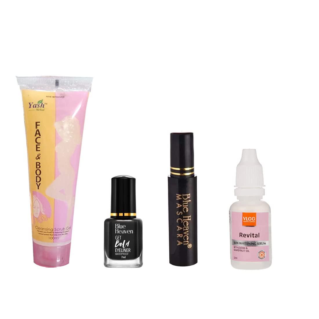 Yash Herbal NEW IMPROVED Face & Body Celansing Scrub Gel, Get Bold Eyeliner and Mascara with Revital Skin whitening Serum