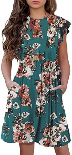 HOSIKA Girl Flowy Dress Boho Floral Short Sleeve Pleated Waist Casual Swing Dresses with Pockets for Girls Teal 14 Years