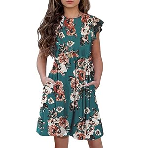 HOSIKA Girls Floral Dress Boho Ruffle Sleeve Pleated Casual Swing Dresses with Pockets for Kids 6-12 Years
