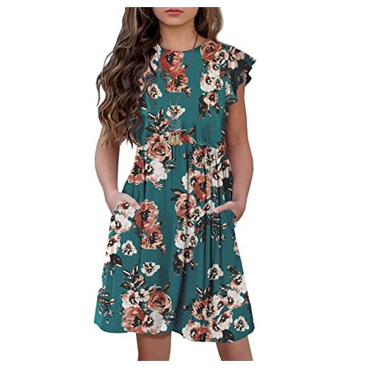 HOSIKA Girl Flowy Dress Boho Floral Short Sleeve Pleated Waist Casual Swing Dresses with Pockets for Girls Teal 14 Years