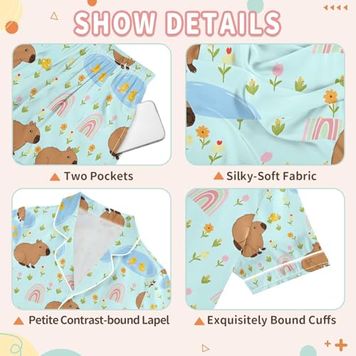 senya Capybara with Duck on Rainbow Satin Summer Pajama Sets Silk Short Sleeve Button Down Sleepwear3