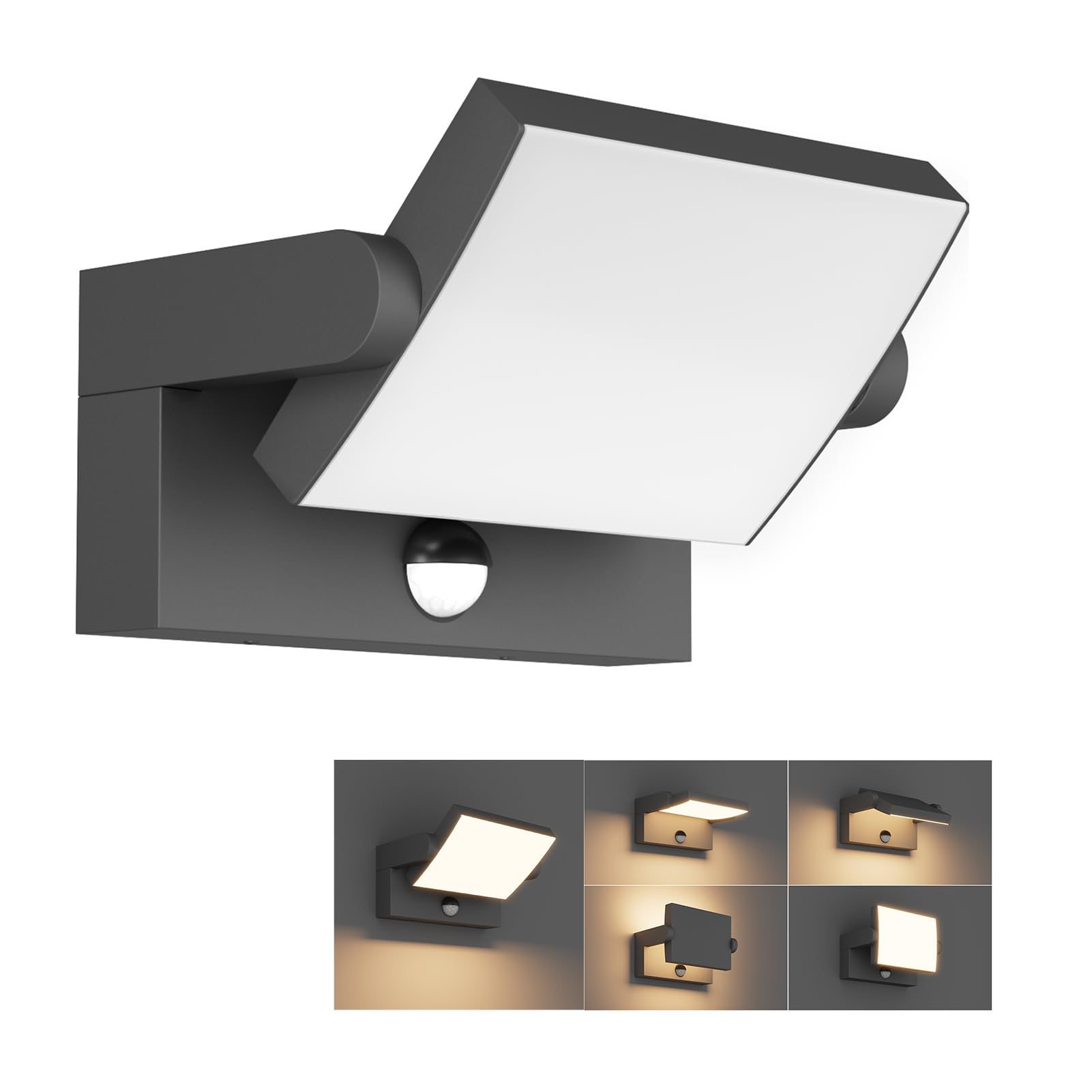 Klighten Zewnętrzna lampa ścienna LED, 24 W, z czujnikiem ruchu, IP65, lampa ścienna do użytku wewnątrz i na zewnątrz, z panelem wychylnym, lampa zewnętrzna do ogrodu, korytarza, ciemnoszara, ciepła