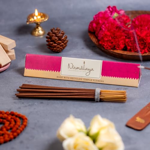 Image of Nirmalaya Rooh Rose & Jasmine Incense Sticks 80 Sticks | 100% Natural Charcoal-Free Agarbatti from Sacred Temple Flowers | Organic Handmade for Pooja, Meditation, Yoga & Aromatherapy