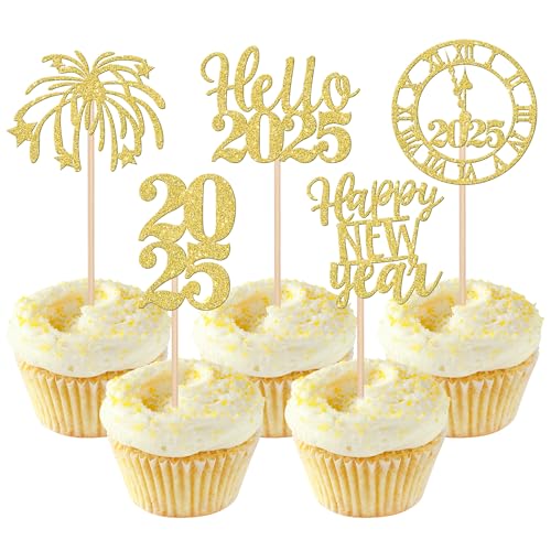 30 PCS Happy New Year 2025 Cupcake Toppers Glitter Cheers to 2025 Fireworks Clock Hello 2025 Cupcake Picks Happy New Year Holiday Theme Party Cake Decorations Supplies Gold