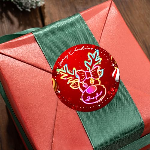 Image of Personalized Christmas Stickers - Custom Name Waterproof Christmas Gift Tags for Gift Box Xmas Holiday Decorations Party Favors - 30 Stickers (Neon Reindeer)