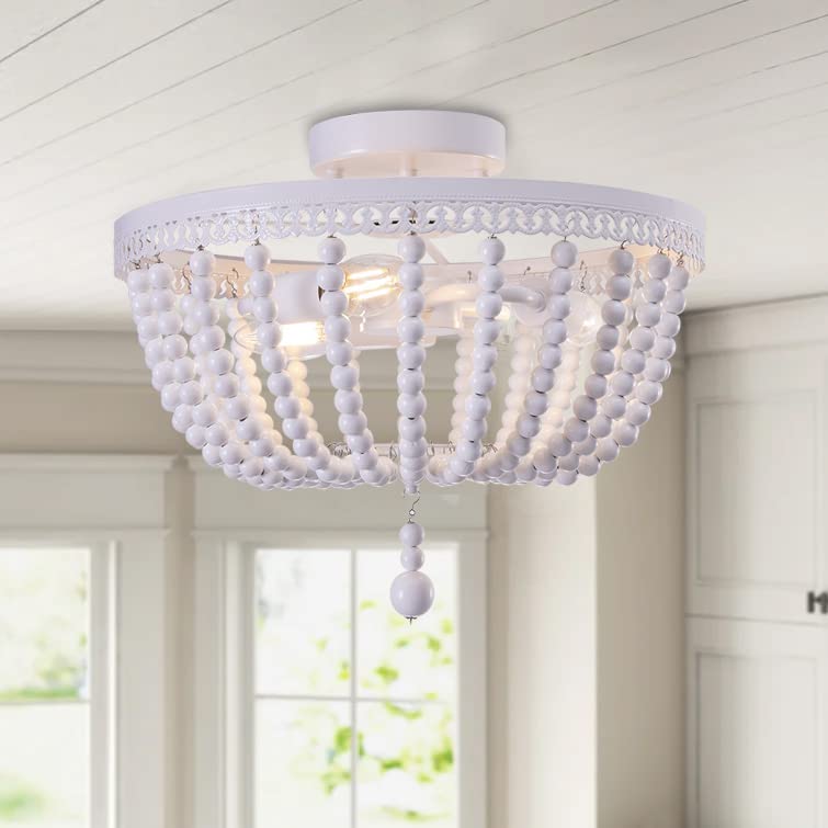 TOCHIC Farmhouse Wood Beaded Chandelier,Boho Semi-Flush Mount Ceiling Light Rustic Style Bohemia Ceiling Lamp for Living Room Bedroom Entryway Hallway Kitchen Girl’s Room Baby’s Nursery