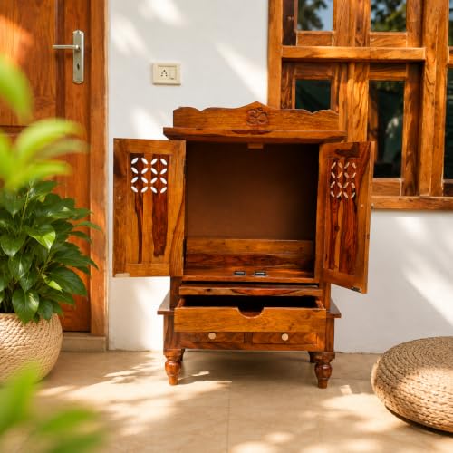 Image of Wudniture Premium Solid Sheesham Wood Pooja Mandir for Home, Office, Living Room & Prayer Room | with Doors, Drawer & Storage Shelf and Legs | Traditional Design | Honey Finish(Aaradhya Temple)