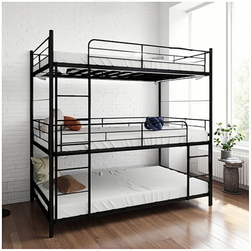 Wyibwy Litera de tres niveles 90 x 190 cm, con escalera integrada y laterales de protección continuos, cama de hierro, apta para niños, adolescentes o adultos (sin colchón) (negro)