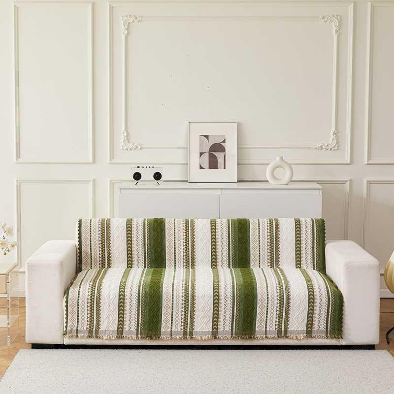 Image of HOMETHREADS Chenille Bohemian Boho Style Sofa Cover | Thick & Soft Luxury Slipcover | Protective, Washable & Stylish Couch Cover for Living Room Decor. (Boho Line Green, 1 Seater Large | 90x180cm)