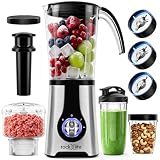 Rockxlife Blender and Food Processor Combo, 5-in-1 Countertop Blender with 42 oz Pitcher, 24 oz Travel Cup, 17 oz Chopper and 10 oz Spice Grinder, 12-Piece Kitchen System, Silver