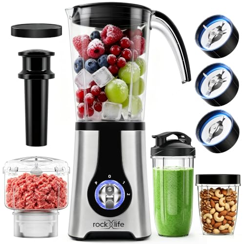 Rockxlife Countertop Blender Food Processor Combo, 4-in-1 Smoothie Maker & Spice Grinder with 24oz Travel Cup, 13-Piece Kitchen System including 42oz Pitcher & 17oz Cup, Dishwasher-Safe, Silver