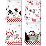 Geyoga 4 Pcs Chicken Kitchen Towels Rooster Dish Hand Towels Farm Animal Cow Vintage Rustic Tea Cloth for Spring Easter Bathroom Farmhouse Decor Gifts, 16 x 24 Inch(Red, Black, White,Farmhouse)