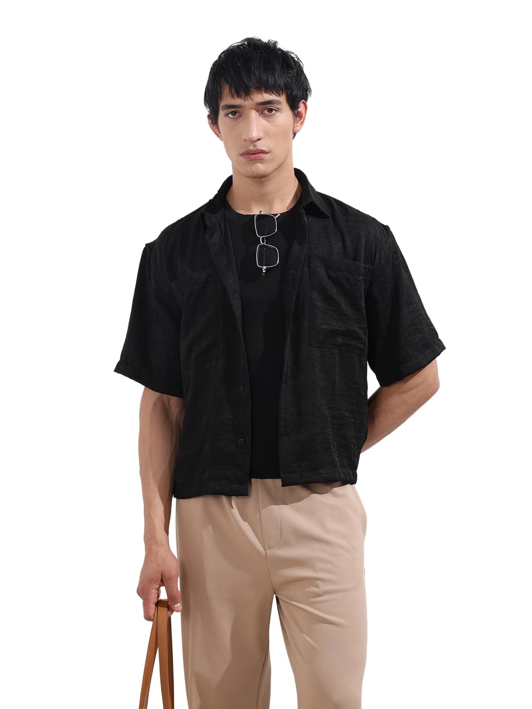 The Indian Garage Co Camicia da uomo a mezza manica con colletto a spalla squadrata testurizzata