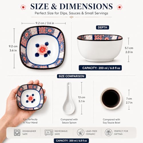 Image of Japanese Ceramic Dip Bowl Set of 4 | 200ml Small Square Sauce Bowls for Soy Sauce, Chutney, Snacks & Dry Fruits | Glazed Sushi Dip Dishes, Dishwasher & Microwave Safe (Hana Bloom)