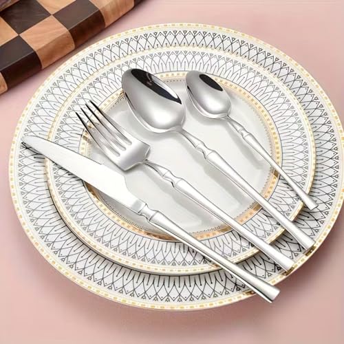 Image of 12 Pcs Silver Slim Handle Stainless Steel Cutlery Set for Dining Table with Spoons and Forks Set + Butterknives - The Perfect Tableware /Flatware