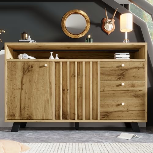 Merax Commode avec compartiment ouvert et façade à lamelles - 3 tiroirs et 2 portes - Buffet en bois avec étagères réglables en hauteur - Style vintage -...