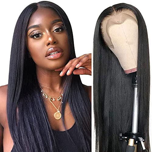 Straight Lace Front Wigs Human-Hair - 13x4 Glueless HD Lace Frontal Wig Pre Plucked with Baby Hair, Natural Black 150% Density Brazilian Virgin Wigs for Black Women (18 INCH)