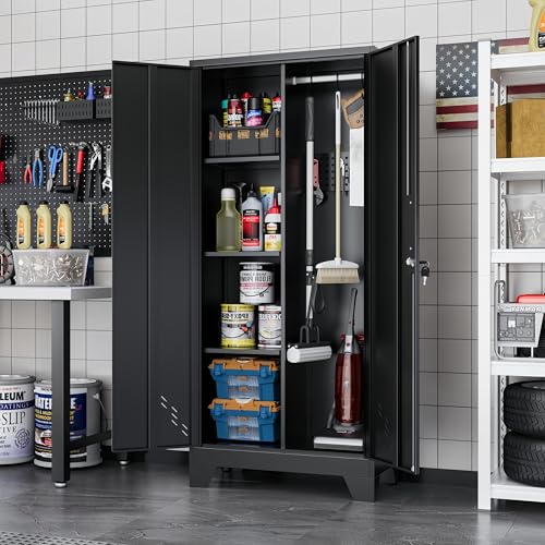 Image of 61 inch H Broom Closet Cabinet, Metal Storage Cabinet with Lockable Doors and Pegboard, Utility Closet for Brooms and Mops, Tool Cabinets for Home Office, Laundry Room, Garage, Workshop