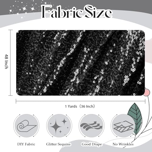 INVGEEXI Black Sequin Fabric by The Yard, 3 Feet 1 Yard Sparkly Glitter Sequins Material for Wedding/Bridesmaid Dresses, Party Costumes, Tablecloths, DIY Sewing Projects