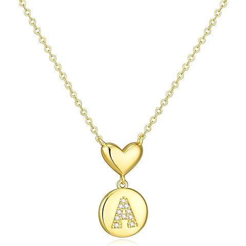 14K Gold Plated Initial Necklace for Women Heart Necklace for Women Round Zircon Letter Pendant Plated Adjustable Necklaces Birthday Galentines Valentine Gifts Jewelry