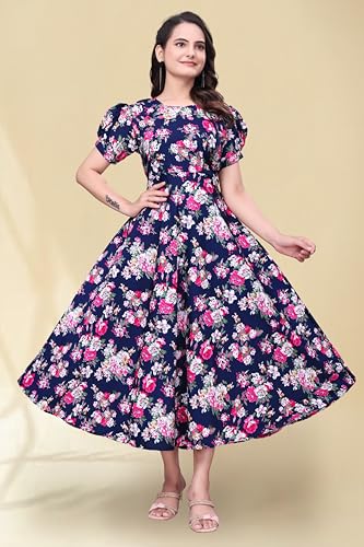 Image of Women's A-Line Crepe Maxi Dress | Stylish Fit and Flare Dress with Round Neck Short Puff Sleeves for Casual Wear
