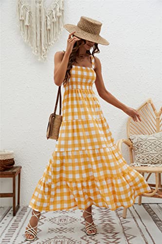 Image of kinstell Women's Summer Boho Spaghetti Strap Square Neck Ruffle Casual Flowy Long Dress Beach Swing Party Maxi Dress