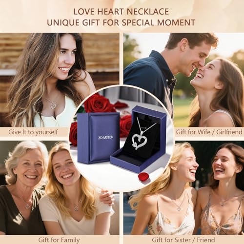 Love Heart Necklace for Women, 925 Sterling Silver Cubic Zirconia Birthstone Heart Pendant Jewelry Gift for Mom, Mother, Wife, Girlfriend on Birthday, Mother's Day, Chain 18 inch 6