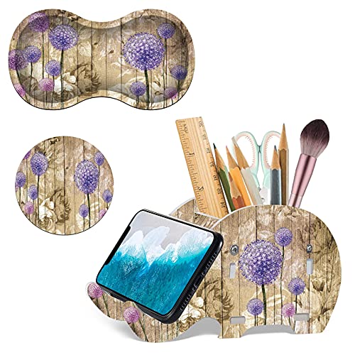 Cute Pencil Holder + Wrist Rest Mat+ Coaster, Purple Dandelion Wood Grain Pen Cup with Smartphone Stand Bracket, Desk Supplies for Women, Decor Desktop Office Home Organizer Storage