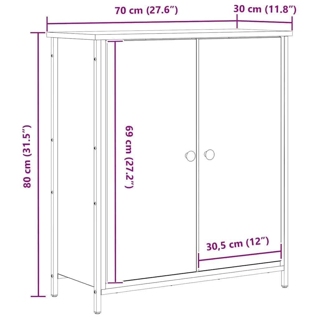 Kredens stare drewno, 70 x 30 x 80 cm, materiał drewnopochodny z 2 drzwiami, czarny stalowy uchwyt, nowoczesny prostokątny kształt, trwały, idealny do jadalni, salonu, korytarza, biura