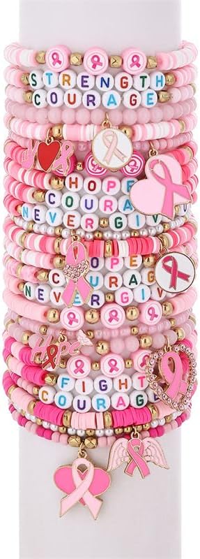 Pingyongchang Breast Cancer Stackable Beads Bracelets Inspirational Pink Ribbon Bracelet for Women Hope Fight Courage Breast Cancer Awareness Encouragement Gift - Image 5