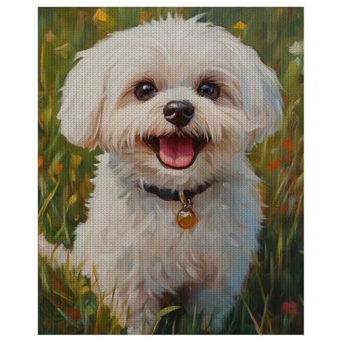 Maltese Dog on Grass Stamped Cross Stitch Kits, Cute Dog Counted Cross Stitch Kits for Beginners Adults Needlepoint Cross-Stitch Patterns Dimensions Needlecrafts Embroidery Kits Arts and Crafts
