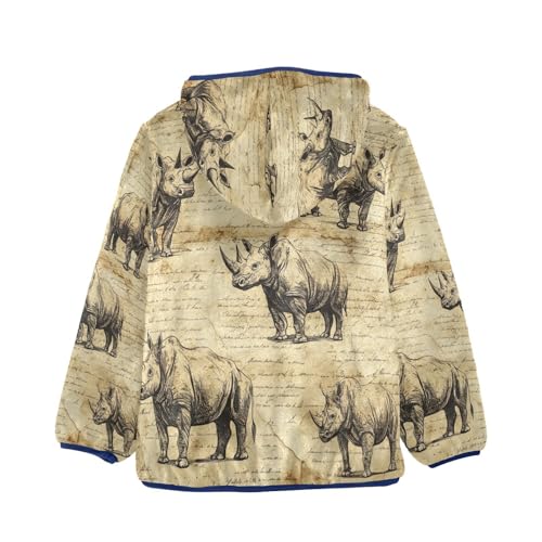 Retro Rhinoceros Pattern Toddler Fleece Jacket Girl Boys Hooded Fleece Jacket Coat Warm Outwear Zip-up 3-10T2
