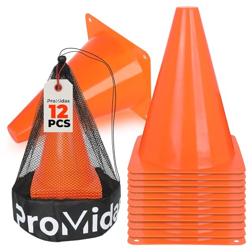 Soccer Cones for Training Kids With Mesh Bag - 7 Inch - Small Traffic Cones for Sports Training - Small Orange Cone - Flexible Conos for Soccer Practice, Basketball, Football Drills (12PCs - Orange)