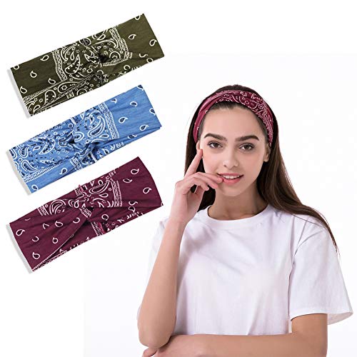EIGHTOWN 3pcs Boho Headbands for Women Girls, Wide Cotton Knotted Hair Hoop, Paisley Bandana, Sports Yoga Running Head Wrap, Absorb Sweat Hairband Accessories (wine red+dark green+lake blue)