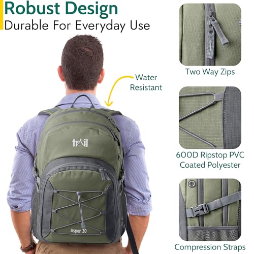 Trail Aspen 30L Day Pack Backpack for School Work Hiking Camping Travelling, Breathable Padded Back & Straps, 3 Zip Compartments, Internal Pockets, Bungee Cords, USB/Headphone Port, Water Resistant - Image 6