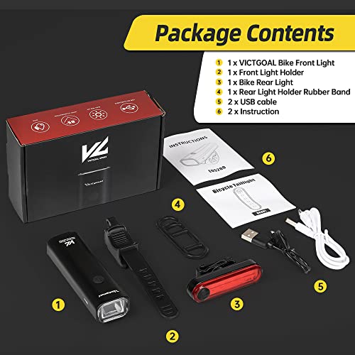 VICTGOAL USB Rechargeable Bicycle Light Set 400 Lumen Super Bright Headlight Front Light and Back Rear LED 4 Light Mode Road Cycling Safety Flashlight Runtime 4+ Hours (Black) 9 51I45x 2PkL