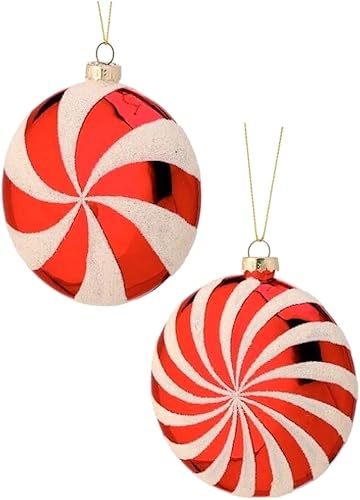 The Bridge Collection Adornos de disco de menta, juego de 2, adornos de vidrio con purpurina para decoración navideña, adornos navideños de disco de