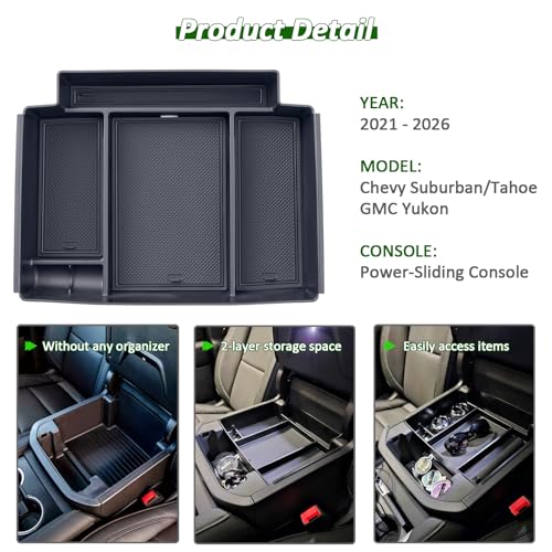 Image of TOPINSTALL Power-Sliding Console Tray Compatible with 2021-2026 Chevy Tahoe /Suburban /GMC Yukon Accessories, Full-Size Armrest Organizer Black (Not for Standard Console with Charging Socket!)