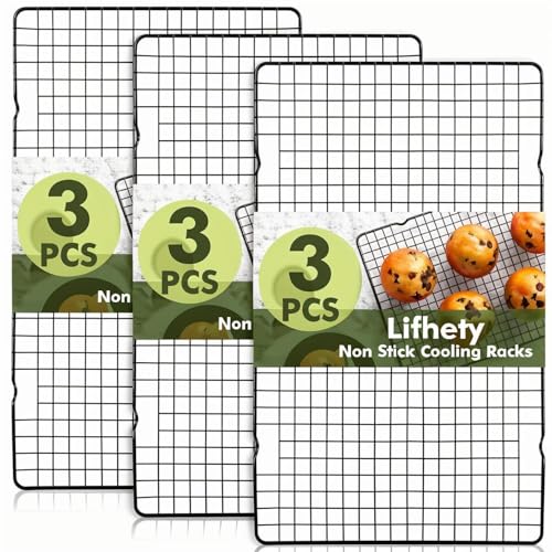 Lifhety Abkühlgitter 3er Set, 40x25cm Kuchengitter mit Antihaftbeschichtung, Backen zubehör aus Kohlenstoffstahl für Kekse, Muffins, Brot & Kuchen und kompatibel mit Backblechen
