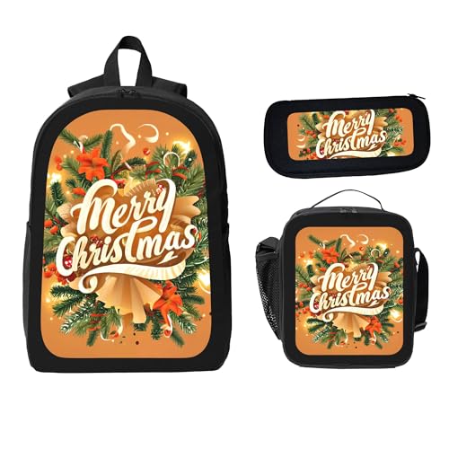 Christmas Bells Christmas Tree 3 Pcs 17 Inches Backpack Set with Insulated Lunch Bag And Pencil Pouch Large Back Pack for Men Women Lunchbox Pencil Case Waterproof Backpacks Lunch Box 3 Piece Daypacks2