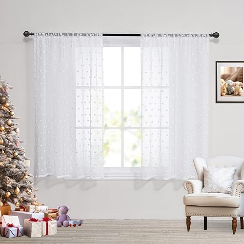 Image of MYSKY HOME White Pom Pom Sheer Curtains for Girls Bedroom 54 Inch 2 Panels | Small Window Curtain, for Bathroom Cafe Bedroom Nursery Boys Room, Light Filtering, Rod Pocket Drapes, 50 x 54 inch