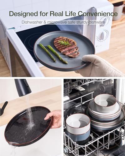 Image of Famiware Nebula Ridge Stoneware Dinnerware Sets with Pasta Bowls, Plates and Bowls Sets, Service for 4 (16 Pieces), Microwave and Dishwasher Safe Kitchen Plates, Multi-color