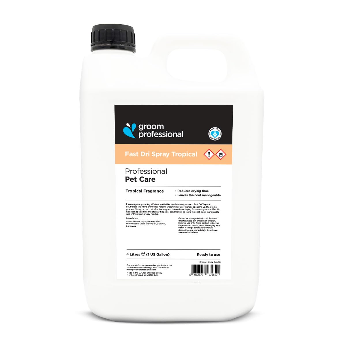 GROOM PROFESSIONAL Fast Dri Dog Tropical Spray - for Quick Drying - Reduces Drying Time After Baths - Unique Formula to Neutralise Hair's Ability to Hold Water 4 Litre