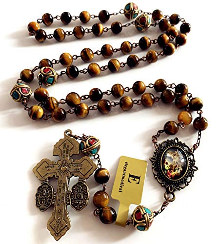 elegantmedical HANDMADE Vintage Catholic Tiger Eye & Nepal Beads Bronze Pardon Crucifix Cross Rosary Necklace Catholic Gift4