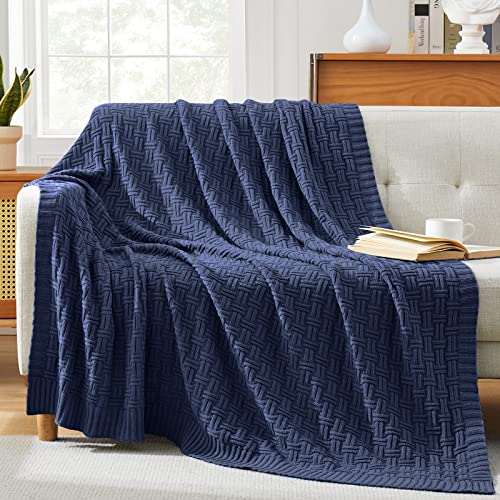 Image of TREELY 100% Cotton Knitted Throw Blanket 0 x 80 Inches, Navy Blue